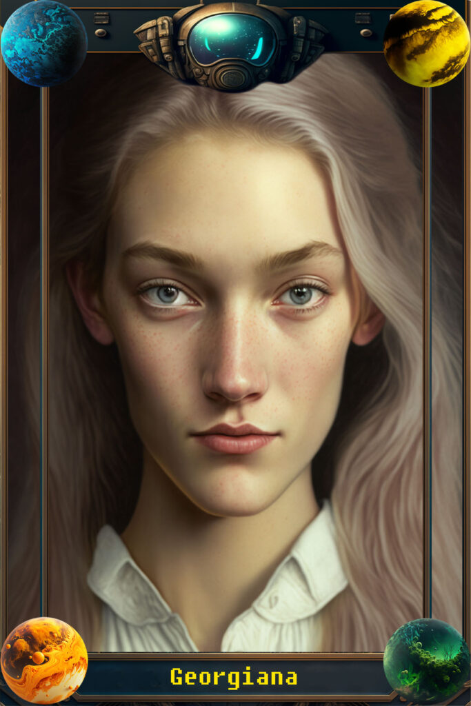 A portraite of a young woman with dusty blonde hair. Her face is narrow and she has a smattering of light freckles. We can see the collar of her white button down shirt. She's in a rectangular frame with imaginary planets at each corner.